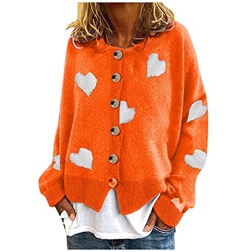 Dantazz Y2K Strickjacke Damen Kurz Warme Strickpullover mit Knöpfe Rundhals Cardigan Herz Druck Strick Oberteil Elegeant Strickcardigan Casual Herbst Winter Jacke (Orange, M) von Dantazz