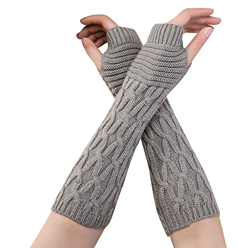 Fingerlose Handschuhe Damen Winter Warm Strickhandschuhe Zopfmuster Armstulpen Pulswärmer Lang Fäustlinge Handstulpen Halbfinger Winterhandschuhe Dehnbare Gestrickt Handwärmer Stulpen (Grau, onesize) von Dantazz