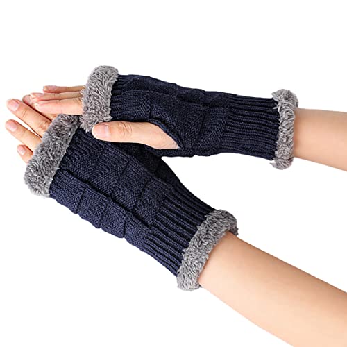 Fingerlose Handschuhe Winter Warm Halbfinger Strickhandschuhe Plüsch Gefüttert Ohne Finger Winterhandschuhe Unisex Pulswärmer Fäustlinge Gestrickte Kurz Handwärmer mit Fleece Futter (Marine, onesize) von Dantazz