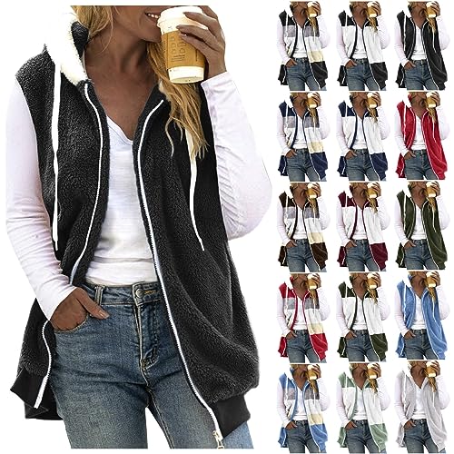 Fleeceweste Damen Plüschweste mit Kapuze Kunstfell Teddy Fleece Hoodie Westen Outwear Bequem Ärmellos Cardigan Jacke Herbst Winter Übergangsweste Casual Einfarbige Flauschig (Armeegrün, XXXXXL) von Dantazz