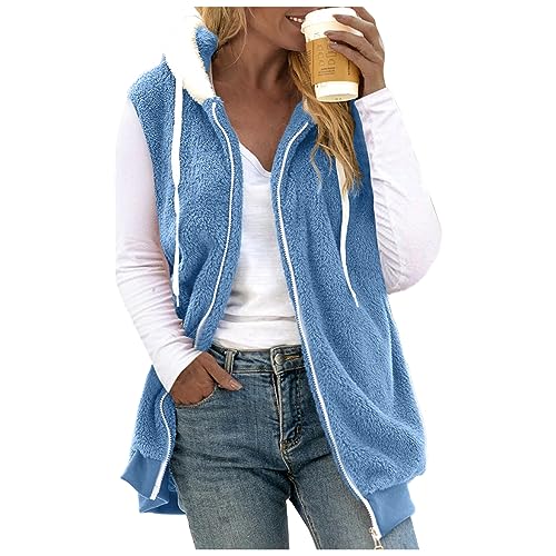 Fleeceweste Damen Plüschweste mit Kapuze Kunstfell Teddy Fleece Hoodie Westen Outwear Bequem Ärmellos Cardigan Jacke Herbst Winter Übergangsweste Casual Einfarbige Flauschig Longweste (Blau, L) von Dantazz