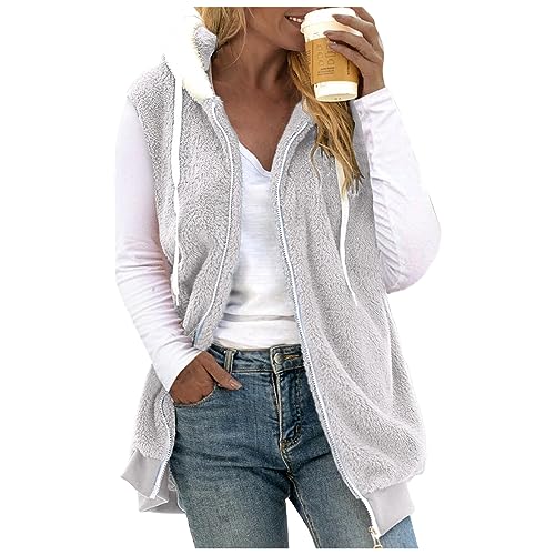 Fleeceweste Damen Plüschweste mit Kapuze Kunstfell Teddy Fleece Hoodie Westen Outwear Bequem Ärmellos Cardigan Jacke Herbst Winter Übergangsweste Casual Einfarbige Flauschig Longweste (Grau, XXXXXL) von Dantazz