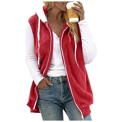 Fleeceweste Damen Plüschweste mit Kapuze Kunstfell Teddy Fleece Hoodie Westen Outwear Bequem Ärmellos Cardigan Jacke Herbst Winter Übergangsweste Casual Einfarbige Flauschig Longweste (Rot, L) von Dantazz