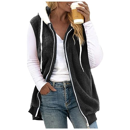 Fleeceweste Damen Plüschweste mit Kapuze Kunstfell Teddy Fleece Hoodie Westen Outwear Bequem Ärmellos Cardigan Jacke Herbst Winter Übergangsweste Casual Einfarbige Flauschig Longweste (Schwarz, XXXL) von Dantazz