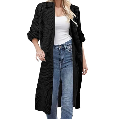 Grobstrick Cardigan Damen Longstrickjacke Open Front Strickjacke mit Taschen Herbst Winter Übergangsjacke Knitwear Longline Grobstrickjacke Elegant Lang Sweater Jacke Strickcardigan (Schwarz, XXXL) von Dantazz