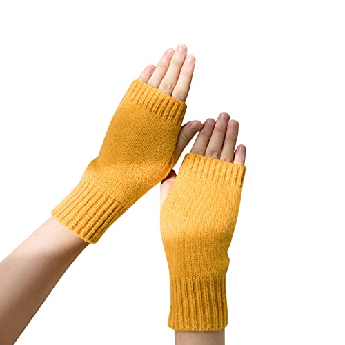 Halb Fingerlose Handschuhe Damen Kurzer Armstulpen Fäustlinge Pulswärmer Gestrickte Halbfinger Winterhandschuhe Weich Fingerlose Handwärmer Handstulpen Winter Warm Strickhandschuhe (Gelb, onesize) von Dantazz