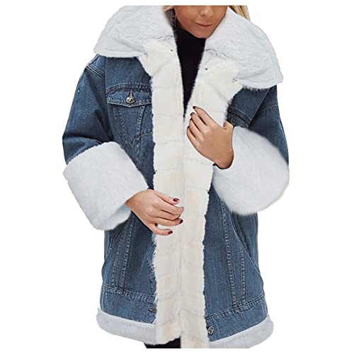 Jeansjacke Damen Fleece Gefüttert Wintermantel Oversize Lang Fleecejacke Verdicken Warm Jeansmantel Plüschjacke Revers Denim Cardigan Parka Mantel Herbst Winter Übergangsjacke Overcoat von Dantazz