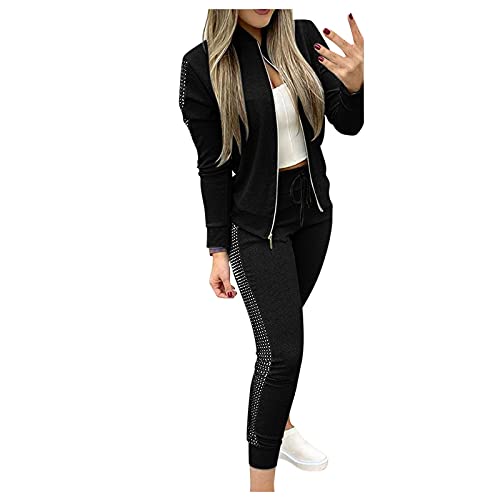 Jogginganzug Damen Pailletten Trainingsanzug Zweiteiler Bomberjacke + Slim Hose Set Stehkragen Zipper Jacke Tracksuit mit Glitzer Fashion Sportanzug Streetwear Lässige Hausanzug (01-Schwarz, L) von Dantazz