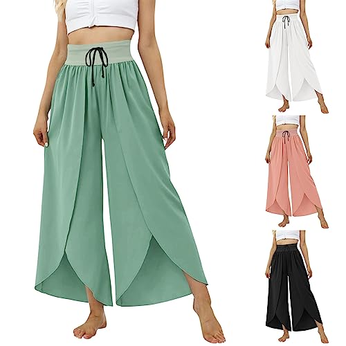 Leichte Sommerhose 7/8 Damen High Waist Plissee Palazzo Hose mit Gummizug Leicht und Luftig Hosenrock Culottes Hosen Rüschen Weites Bein Wickelhose mit Schlitz Yogahose Haremshosen von Dantazz