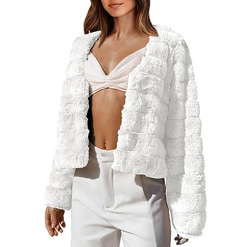 Plüschjacke Damen Kurz Kunstfell Cardigan Felljacke Warm Pelzjacke Faux Pelz Übergangsjacke Elegante Teddyfell Jacke Kurzjacke Herbst Winter Flauschjacke Teddyjacke Streetwear (Weiß, L) von Dantazz