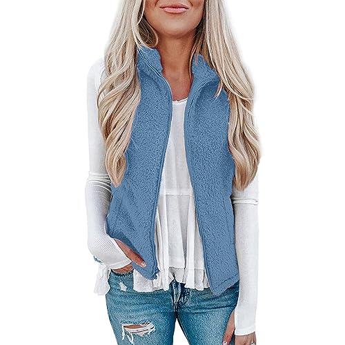 Plüschweste Damen Kunstfell Kurzweste Warm Teddy Fleece Westen Outwear Stehkragen Ärmellos Fleecejacke Herbst Winter Übergangsweste mit Reissverschluss Leichte Flauschig Teddyweste (Blau, S) von Dantazz