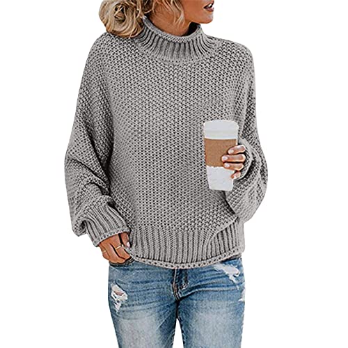 Pullover Damen Elegant Rollkragen Strickpullover Winter Warme Grobstrickpullover Langarm Pulli Oberteile Casual Lose Sweater Tops Grobstrick Rollkragenpullover Sweatshirts Strickpulli (A-Grau, L) von Dantazz