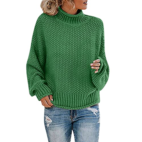 Pullover Damen Elegant Rollkragen Strickpullover Winter Warme Grobstrickpullover Langarm Pulli Oberteile Casual Lose Sweater Tops Grobstrick Rollkragenpullover Sweatshirts Strickpulli (A-Grün, S) von Dantazz