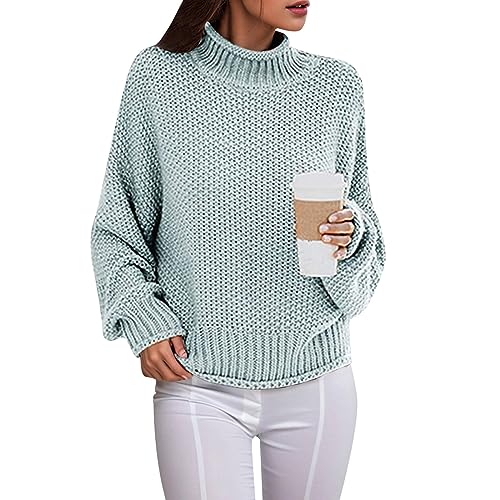 Pullover Damen Elegant Rollkragen Strickpullover Winter Warme Grobstrickpullover Langarm Pulli Oberteile Casual Lose Sweater Tops Grobstrick Rollkragenpullover Sweatshirts Strickpulli (A-Hellblau, XL) von Dantazz