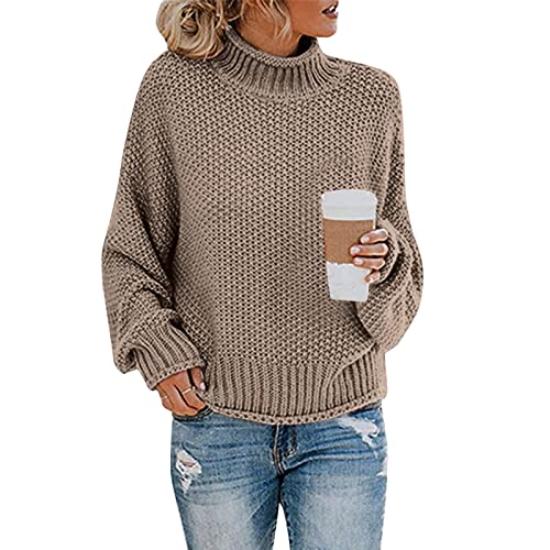 Pullover Damen Elegant Rollkragen Strickpullover Winter Warme Grobstrickpullover Langarm Pulli Oberteile Casual Lose Sweater Tops Grobstrick Rollkragenpullover Sweatshirts Strickpulli (A-Khaki, M) von Dantazz