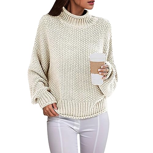 Pullover Damen Elegant Rollkragen Strickpullover Winter Warme Grobstrickpullover Langarm Pulli Oberteile Casual Lose Sweater Tops Grobstrick Rollkragenpullover Sweatshirts Strickpulli (A-Weiß, XL) von Dantazz