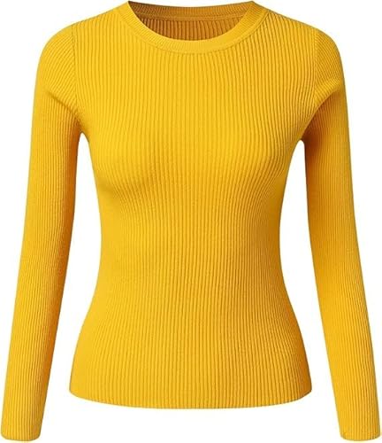 UIILO Thermo Oberteil für Damen Rundhals Strickpullover Gerippte Tshirts Unterhemd Basic Einfarbig Langarmshirt Enger Gestrickt Pullover Langarm Thermounterwäsche Winter Warme Top（Gelb） von UIILO