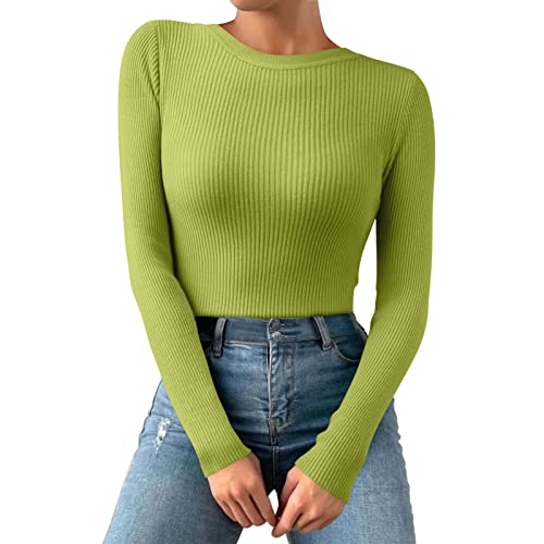 Thermo Oberteil für Damen Rundhals Strickpullover Gerippte Tshirts Unterhemd Basic Einfarbig Langarmshirt Enger Gestrickt Pullover Langarm Thermounterwäsche Herbst Winter Warme Top (Grün, OneSize) von Dantazz