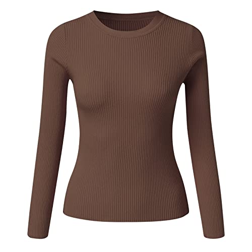 Thermo Oberteil für Damen Rundhals Strickpullover Gerippte Tshirts Unterhemd Basic Einfarbig Langarmshirt Enger Gestrickt Pullover Langarm Thermounterwäsche Winter Warme Top (Kaffee, OneSize) von Dantazz