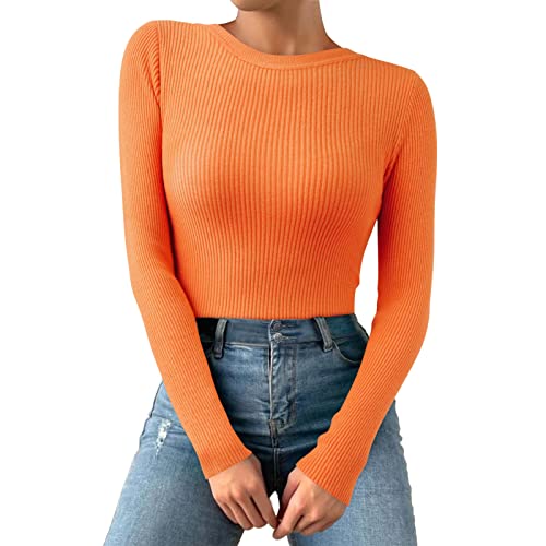 Thermo Oberteil für Damen Rundhals Strickpullover Gerippte Tshirts Unterhemd Basic Einfarbig Langarmshirt Enger Gestrickt Pullover Langarm Thermounterwäsche Herbst Winter Warme Top (Orange, OneSize) von Dantazz