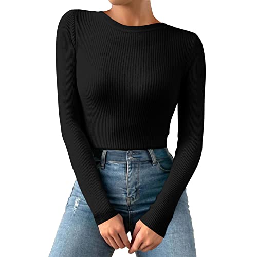 Thermo Oberteil für Damen Rundhals Strickpullover Gerippte Tshirts Unterhemd Basic Einfarbig Langarmshirt Enger Gestrickt Pullover Langarm Thermounterwäsche Herbst Winter Warme Top (Schwarz, OneSize) von Dantazz