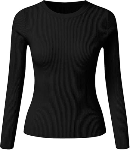 UIILO Thermo Oberteil für Damen Rundhals Strickpullover Gerippte Tshirts Unterhemd Basic Einfarbig Langarmshirt Enger Gestrickt Pullover Langarm Thermounterwäsche Winter Warme Top(Schwarz) von UIILO