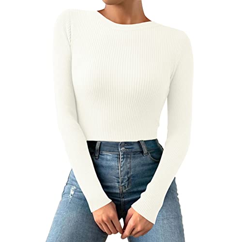 Thermo Oberteil für Damen Rundhals Strickpullover Gerippte Tshirts Unterhemd Basic Einfarbig Langarmshirt Enger Gestrickt Pullover Langarm Thermounterwäsche Herbst Winter Warme Top (Weiß, OneSize) von Dantazz