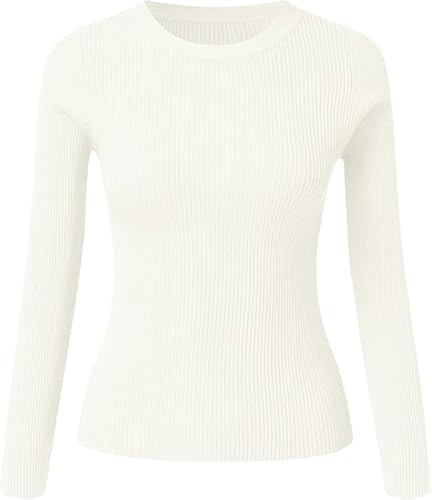 UIILO Thermo Oberteil für Damen Rundhals Strickpullover Gerippte Tshirts Unterhemd Basic Einfarbig Langarmshirt Enger Gestrickt Pullover Langarm Thermounterwäsche Winter Warme Top（Weiß） von UIILO