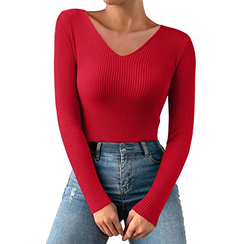 Thermo Oberteil für Damen V-Ausschnitt Strickpullover Gerippte Tshirts Unterhemd Basic Einfarbig Langarmshirt Enger Gestrickt Pullover Langarm Thermounterwäsche Herbst Winter Warme Top von Dantazz