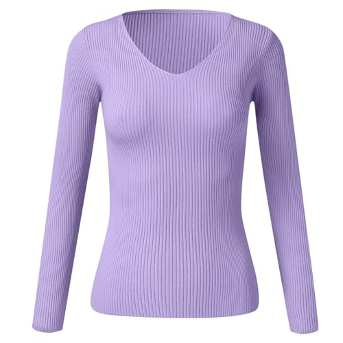 Thermo Oberteil für Damen V-Ausschnitt Strickpullover Gerippte Tshirts Unterhemd Basic Einfarbig Langarmshirt Enger Gestrickt Pullover Langarm Thermounterwäsche Herbst Winter Warme Top von Dantazz