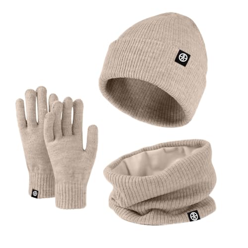 Warme Mütze Schal Handschuhe Sets Dicke Gefüttert Strickmütze Loop Schal Touchscreen Handschuhe Winterset Unisex Wintermütze Halswärmer Kombiset Thermo Winterzubehör Wintergeschenk (X1-Khaki, onesize) von Dantazz