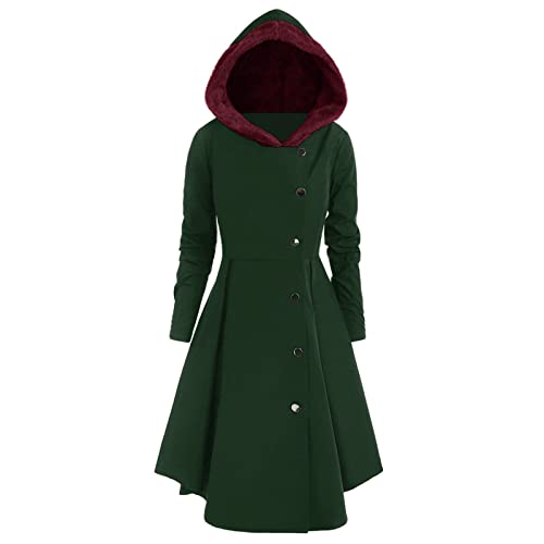 Winterjacke Damen Gothic Mittellange Hoodie Kleid Herbst Winter Wollmantel mit Kapuze Lange Knöpfen Wintermantel Retro Asymmetrisch Saum Mantel Party Kleid Vintage Kapuzenmantel (Grün, XXL) von Dantazz