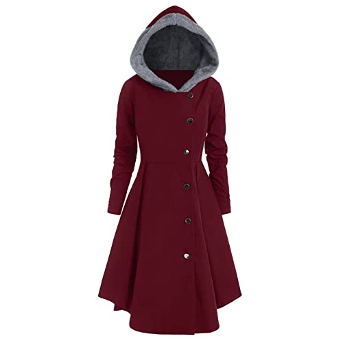 Winterjacke Damen Gothic Mittellange Hoodie Kleid Herbst Winter Wollmantel mit Kapuze Lange Knöpfen Wintermantel Retro Asymmetrisch Saum Mantel Party Kleid Vintage Kapuzenmantel (Rot, XL) von Dantazz