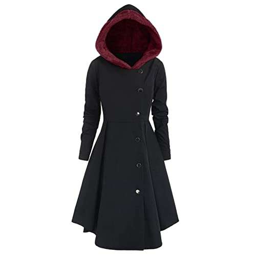 Winterjacke Damen Gothic Mittellange Hoodie Kleid Herbst Winter Wollmantel mit Kapuze Lange Knöpfen Wintermantel Retro Asymmetrisch Saum Mantel Party Kleid Vintage Kapuzenmantel (Schwarz, XL) von Dantazz