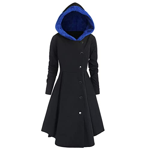 Winterjacke Damen Gothic Mittellange Hoodie Kleid Herbst Winter Wollmantel mit Kapuze Lange Knöpfen Wintermantel Retro Asymmetrisch Saum Mantel Party Kleid Vintage Kapuzenmantel (Schwarz#, XXL) von Dantazz