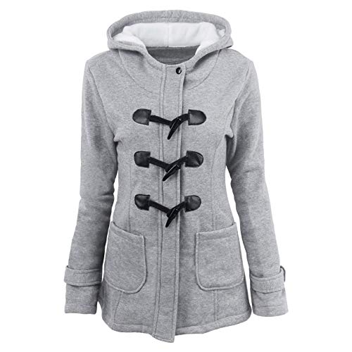 Winterjacke Damen Wolle Gefütterte Kapuzenjacke mit Hornknöpfen Große Größen Einfarbig Wintermantel mit Kapuze Warme Winterparka Übergangsjacke mit Taschen Winter Baumwolle Outdoorjacke (Grau, XL) von Dantazz