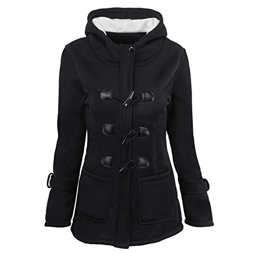 Winterjacke Damen Wolle Gefütterte Kapuzenjacke mit Hornknöpfen Große Größen Einfarbig Wintermantel mit Kapuze Warme Winterparka Übergangsjacke mit Taschen Winter Baumwolle Outdoorjacke (Schwarz, XXL) von Dantazz