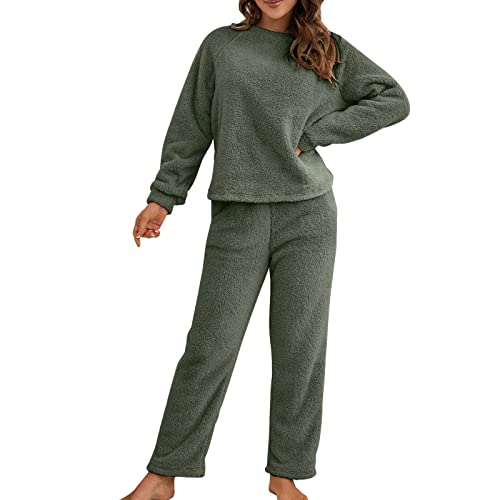 Zweiteiler Hosenanzug Damen 2 Teiler Sets Plüsch Hausanzug Freizeitanzug Herbst Winter Warm Flauschig Loungewear Schlafanzüge Einfarbig Teddyplüsch Langarm Pullover und Hose Outfit (Armeegrün, XL) von Dantazz