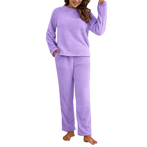 Zweiteiler Hosenanzug Damen 2 Teiler Sets Plüsch Hausanzug Freizeitanzug Herbst Winter Warm Flauschig Loungewear Schlafanzüge Einfarbig Teddyplüsch Langarm Pullover und Hose Outfit (Lila, S) von Dantazz