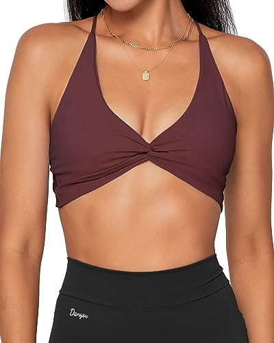 Danysu Damen Riemchen Sport-BH Rückenfreier Sport-BH Offener Rücken Workout-Top Leichte Unterstützung Niedliche Gym-Kleidung Twirl Front Heiße Schokolade L von Danysu