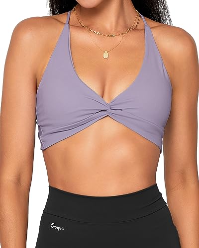 Danysu Damen Riemchen Sport-BH Rückenfreier Sport-BH Offener Rücken Workout-Top Leichte Unterstützung Niedliche Gym-Kleidung Twirl Front Helllavendel M von Danysu