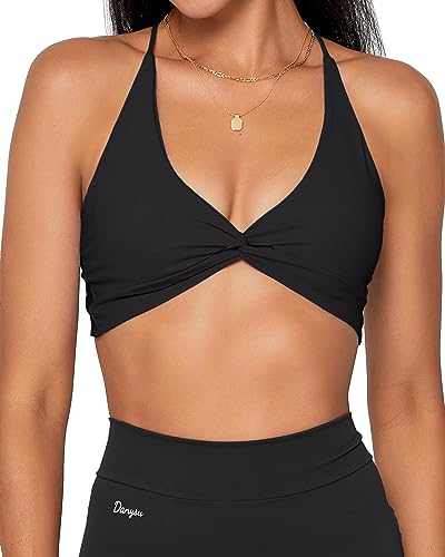 Danysu Damen Riemchen Sport-BH Rückenfreier Sport-BH Offener Rücken Workout-Top Leichte Unterstützung Niedliche Gym-Kleidung Twirl Front Schwarz L von Danysu