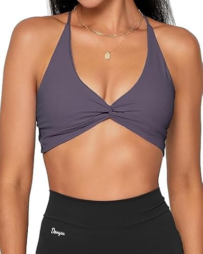Danysu Damen Riemchen Sport-BH Rückenfreier Sport-BH Offener Rücken Workout-Top Leichte Unterstützung Niedliche Gym-Kleidung Twirl Front Steingrau M von Danysu