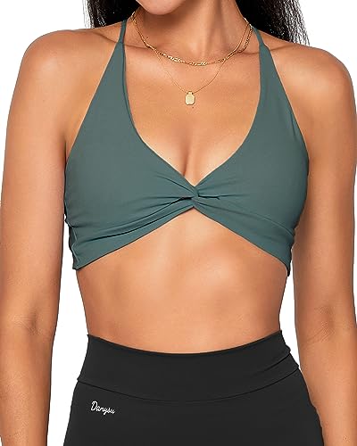 Danysu Damen Riemchen Sport-BH Rückenfreier Sport-BH Offener Rücken Workout-Top Leichte Unterstützung Niedliche Gym-Kleidung Twirl Front Viridianischer Wald XS von Danysu