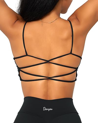 Danysu Rückenfreier Sport BH Damen Racerback Sports Bra Workout Top Leichter Träger-Sport-BH Niedliche Gymnastik-Kleidung Quadratischer Ausschnitt Crisscross Schwarz XS von Danysu