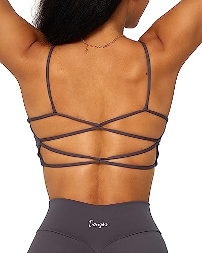 Danysu Rückenfreier Sport BH Damen Racerback Sports Bra Workout Top Leichter Träger-Sport-BH Niedliche Gymnastik-Kleidung Quadratischer Ausschnitt Crisscross Vulkanasche M von Danysu