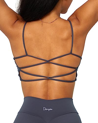 Danysu Rückenfreier Sport BH Damen Racerback Sports Bra Workout Top Leichter Träger-Sport-BH Niedliche Gymnastik-Kleidung Quadratischer Ausschnitt Crisscross Mitternachtsblau L von Danysu