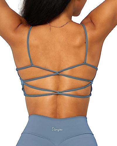 Danysu Rückenfreier Sport BH Damen Racerback Sports Bra Workout Top Leichter Träger-Sport-BH Niedliche Gymnastik-Kleidung Quadratischer Ausschnitt Crisscross Stahlblau S von Danysu