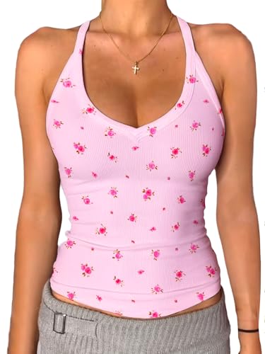 Danysu Tank Top Damen Mit Integrierter BH Sexy V-Ausschnitt Spaghetti Top Ärmellos Sommer Gerippt Tanktops Sport Oberteile Basic Shirt Camisole Einfarbig Rosa mit Blumen. Danysu Tank Top Damen Mit Integrierter BH Sexy V-Ausschnitt Spaghetti Top Ärmellos Sommer Gerippt Tanktops Sport Oberteile Basic Shirt Camisole Einfarbig Rosa mit Blumen. von Danysu