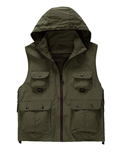 Herren Schnell Trocknend Outdoor Weste mit Kapuze Multifunktionsweste mit Vielen Taschen für Angeln Jagd Camping Fotografie Wasserdicht (Armeegrün, EU S (Asia M)) von Daoba